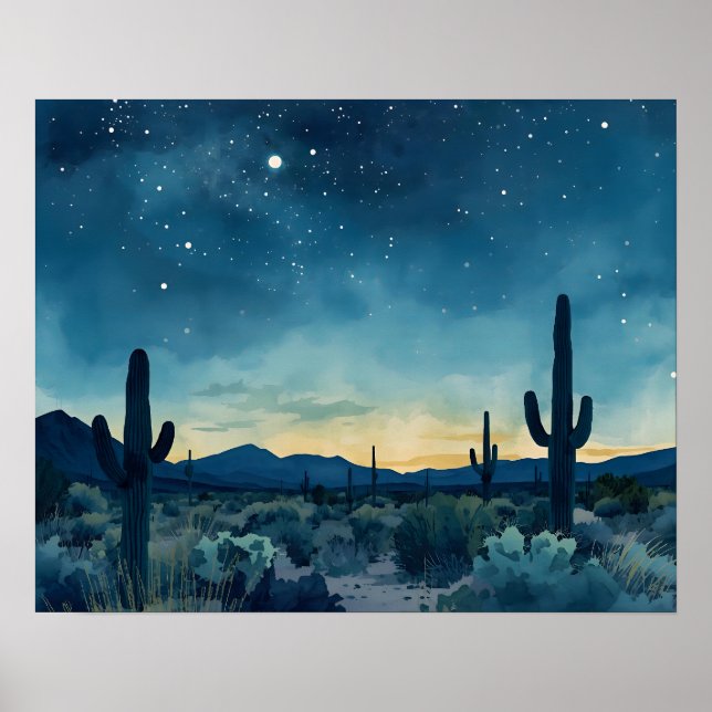 Póster Cielo nocturno del suroeste del desierto con Cacti (Frente)