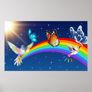 Póster Cielo nocturno, dos pájaros, mariposas y arcoiris