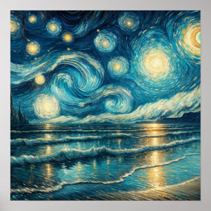 Póster Cielo nocturno estrellado sobre océano tranquilo