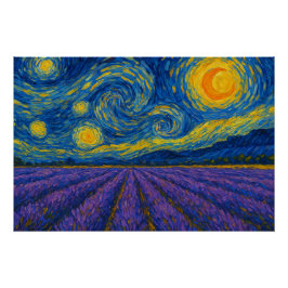 Póster Cielo nocturno giratorio sobre el campo de lavanda