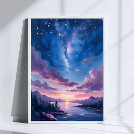 Póster Cielo Nocturno | Lago Estrellado Púrpura Acuarela