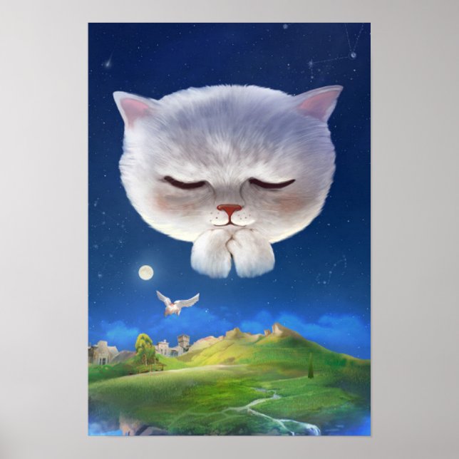 Póster Cielo nocturno soñado con gato (Frente)
