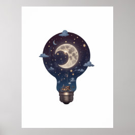 Póster Cielo nocturno y cabaña dentro de una bombilla