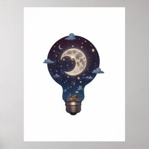 Póster Cielo nocturno y cabaña dentro de una bombilla