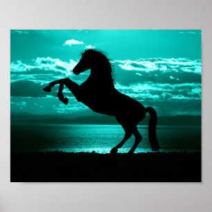 Póster Cielo Tranquilo Azul Turquesa con Caballo Negro Dr