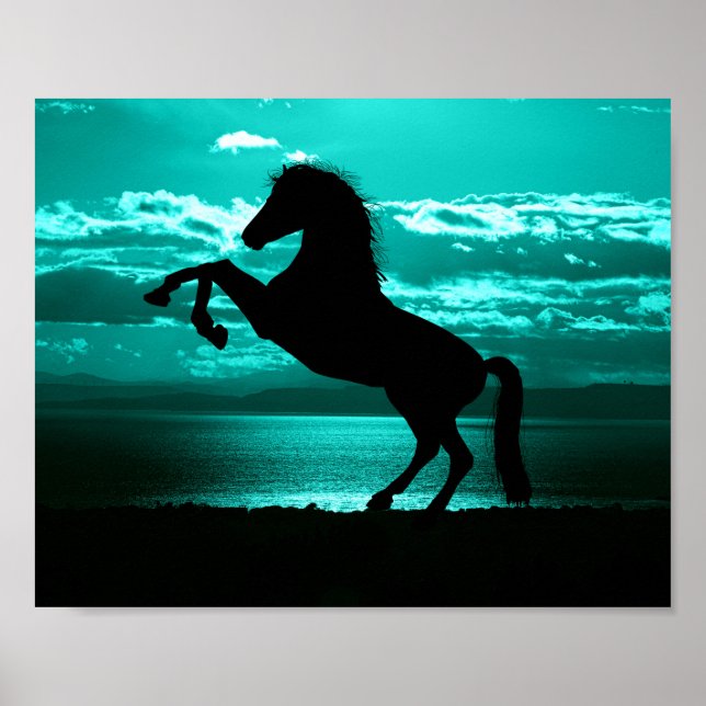 Póster Cielo Tranquilo Azul Turquesa con Caballo Negro Dr (Frente)
