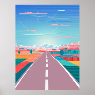 Póster Cielo veraniego, viaje por carretera a la montaña