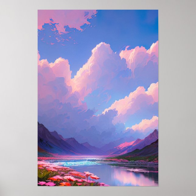 Póster Cielos rosados y morados sobre un lago de montaña (Frente)