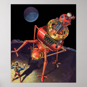 Póster Ciencia Ficción Vintage Astronauta con Robot Alien