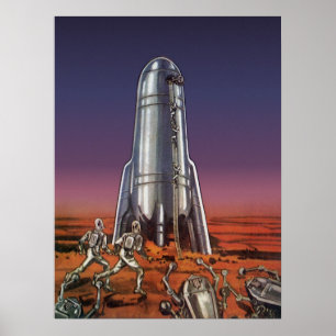 Póster Ciencia ficción vintage, astronautas extranjeros e