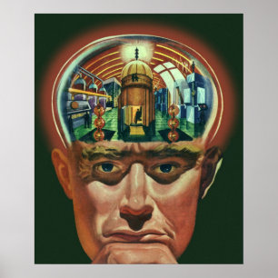 Póster Ciencia ficción vintage, cerebro extranjero en lab