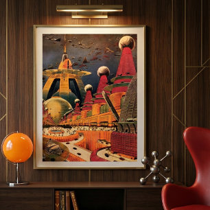 Póster Ciencia Ficción Vintage Ciudad Futurista Coche Vol