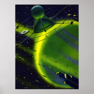 Póster Ciencia Ficción Vintage Planeta Verde con Nave Esp