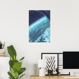 Póster Ciencia ficción vintage, Tierra de noche con estre