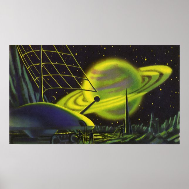 Póster Ciencia vintage Ficción Neon Green Planet w Rings (Frente)