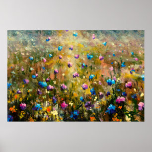 Póster cierre de pintura Hermoso prado de fl rosa azul