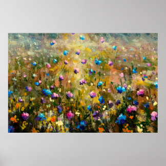 Póster cierre de pintura Hermoso prado de fl rosa azul