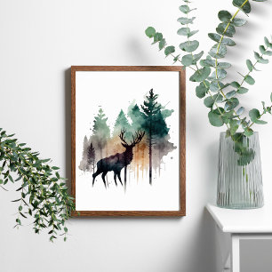 Póster Ciervo acuarela en árboles del bosque Naturaleza 