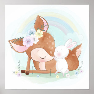 Póster Ciervo bebé con un conejito bebé 