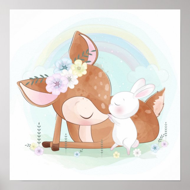 Póster Ciervo bebé con un conejito bebé  (Frente)