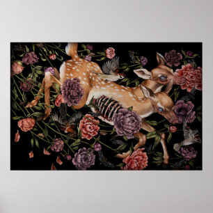 Póster Ciervo cervato con pájaros y flores gótico botánic