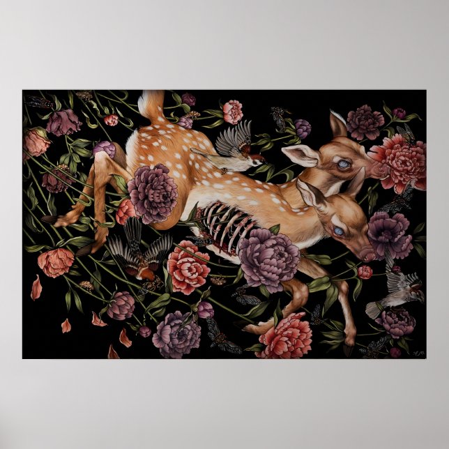 Póster Ciervo cervato con pájaros y flores gótico botánic (Frente)