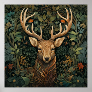 Póster Ciervo con cuernos en bosque mágico