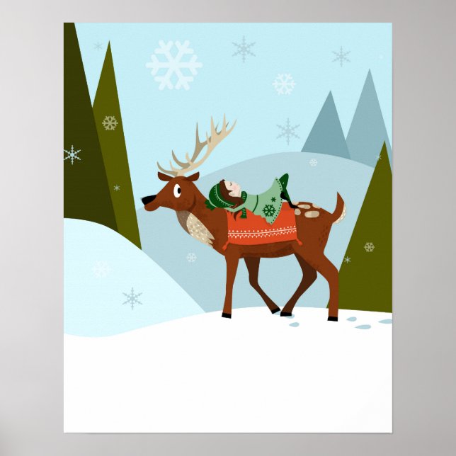 Póster Ciervo de Navidad y elfo en las cimas de montañas  (Frente)