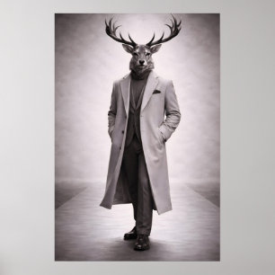 Póster Ciervo Elegante con Abrigo a Medida Retrato