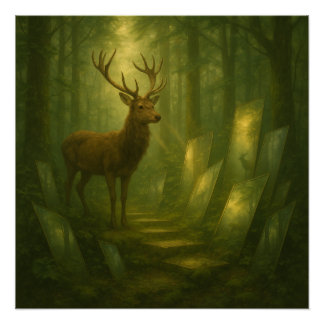 Póster Ciervo en el Camino del Espejo del Bosque Encantad