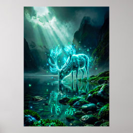 Póster Ciervo Espíritu Etéreo de Neón Cian Brillante Fant
