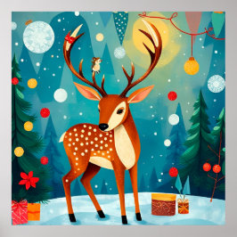 Póster Ciervo Festivo en un Bosque Nevado