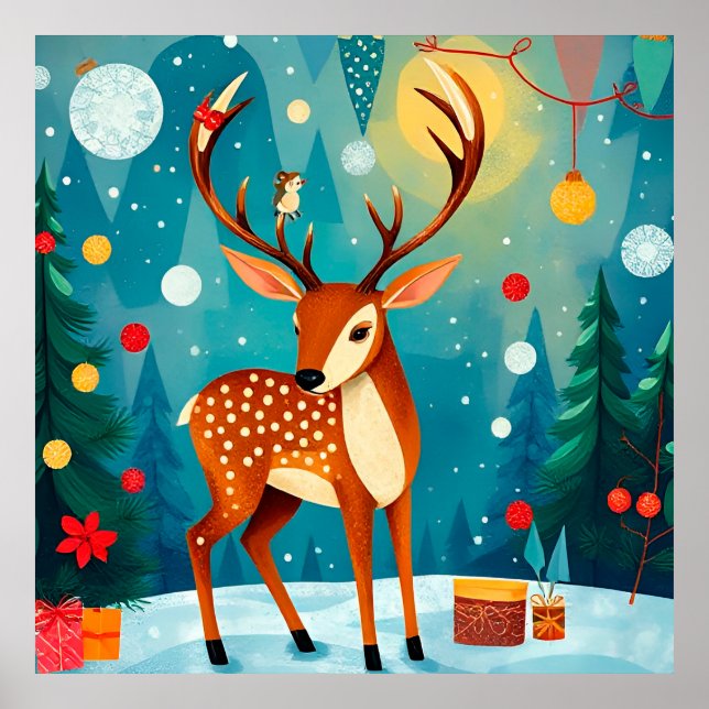 Póster Ciervo Festivo en un Bosque Nevado (Frente)