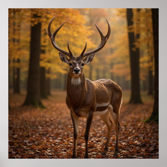 Póster Ciervo Majestuoso  (Notice the intricate details of its antlers and the vibrant colors of the fallen leaves.  )