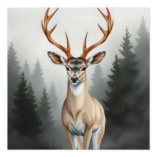 Póster Ciervo Majestuoso en Bosque Brumoso – Fauna Tranqu