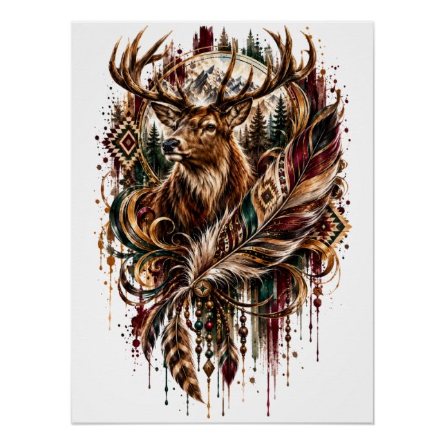 Póster Ciervo Tribal Boho, Soñando con Ciervos (Anverso)
