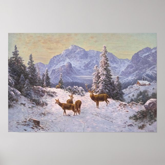 Póster Ciervos con manada en invierno (Frente)