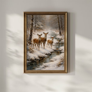 Póster Ciervos de invierno junto a arroyo forestal