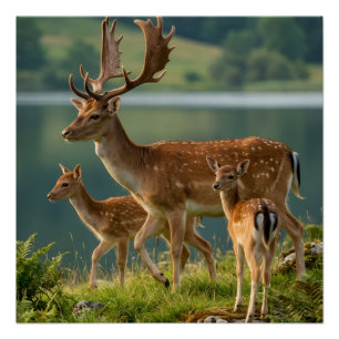 Póster Ciervos y crías adorables junto al lago en la natu