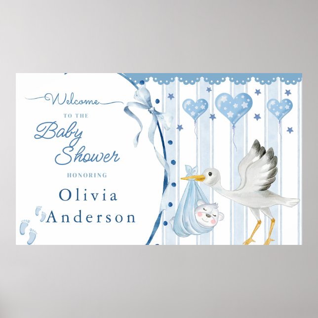 Póster Cigüeña Azul Shower de Bebé Dulce Personalizado (Frente)