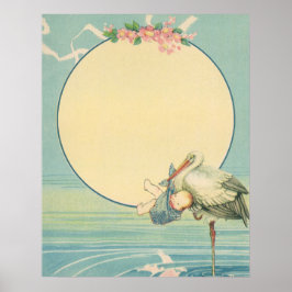 Póster Cigüeña de época llevando niño bebé en una manta a