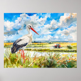 Póster Cigüeña en campos de verano Havelland estilo acuar