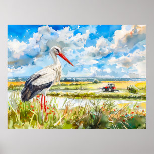 Póster Cigüeña en campos de verano Havelland estilo acuar