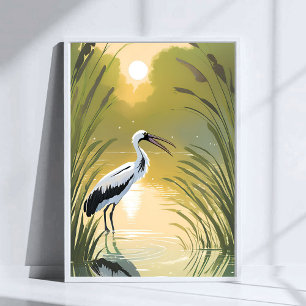 Póster Cigüeña Pantano Acuarela del Parque Nacional Eve