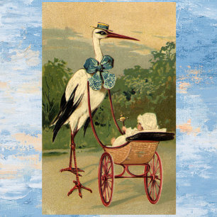 Póster Cigüeña victoriana antigua y cochecito de bebé