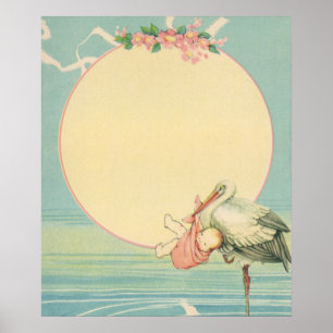 Póster Cigüeña Vintage con Bebé Niña en Manta Rosa