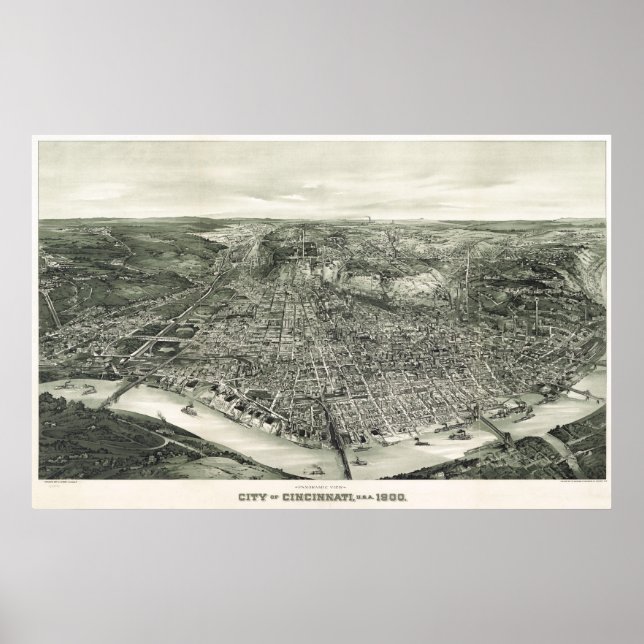 Póster Cincinnati birdseye map - 1900 (Henderson) BigMapB (Frente)