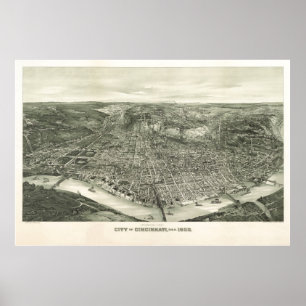 Póster Cincinnati, OH Birds View Panoramic Map