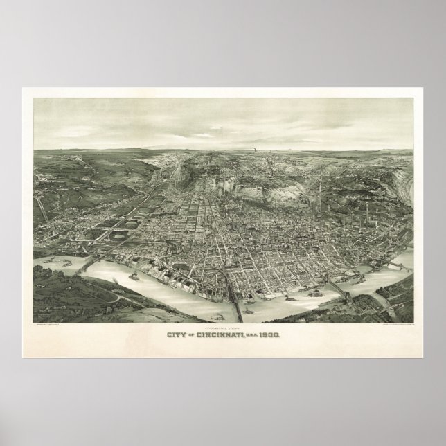 Póster Cincinnati, OH Birds View Panoramic Map (Frente)