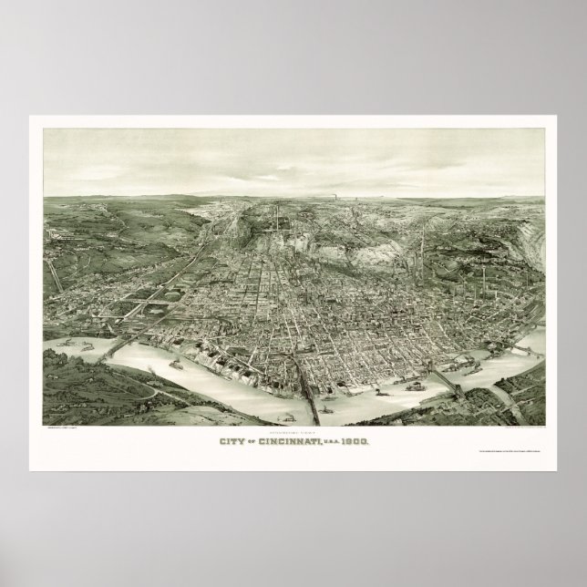 Póster Cincinnati, OH Mapa Panorámico - 1900 (Frente)